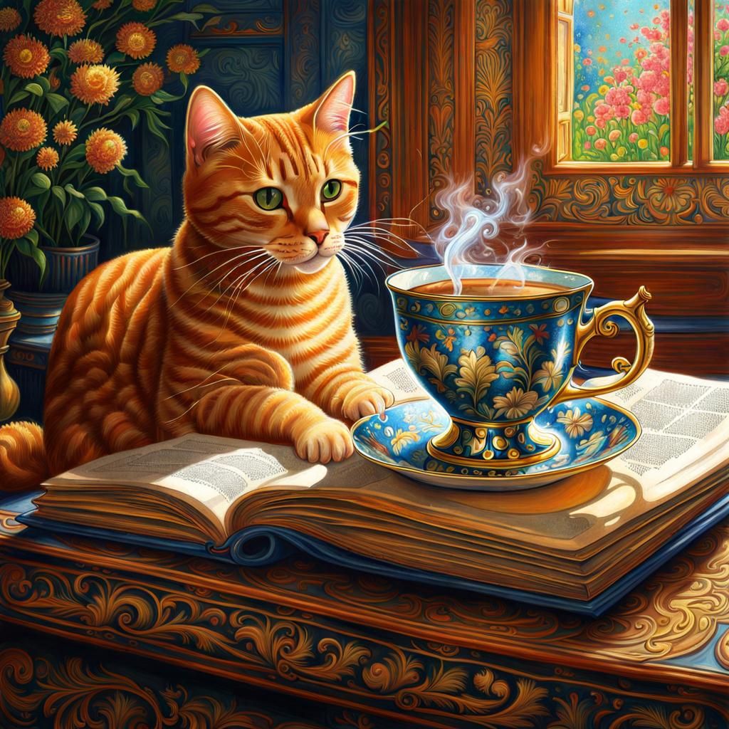 a morning cup of tea, an open book, and a cat