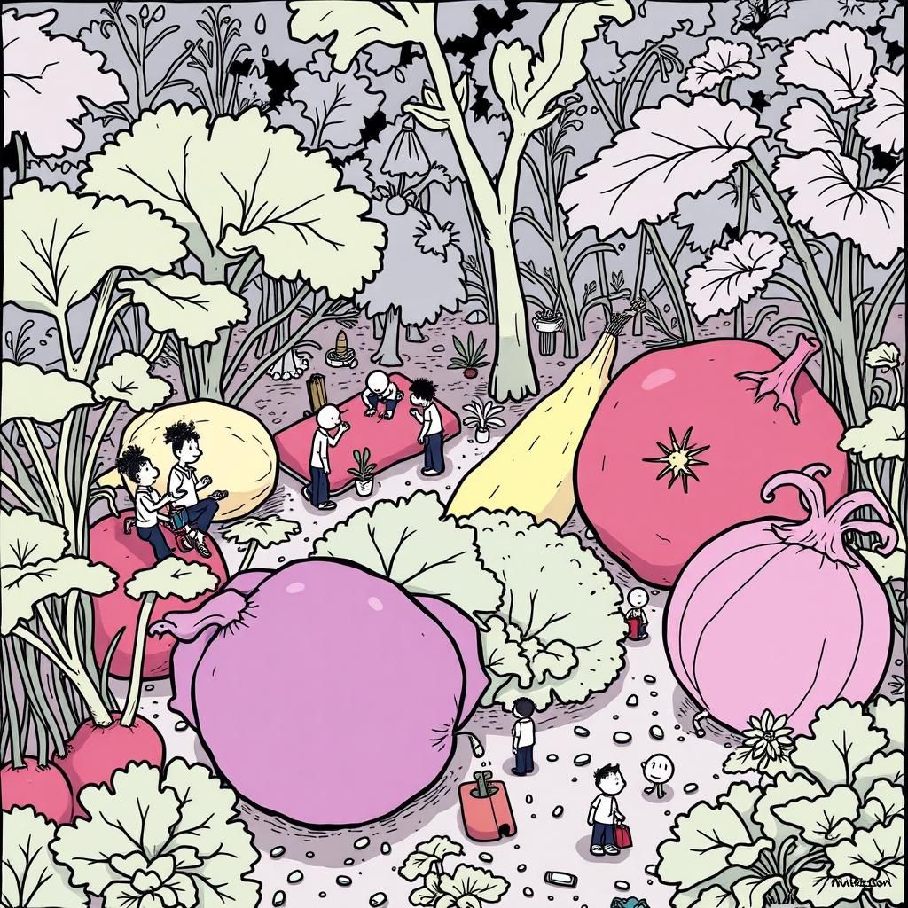 Tiny people surrounded by giant garden vegetables.