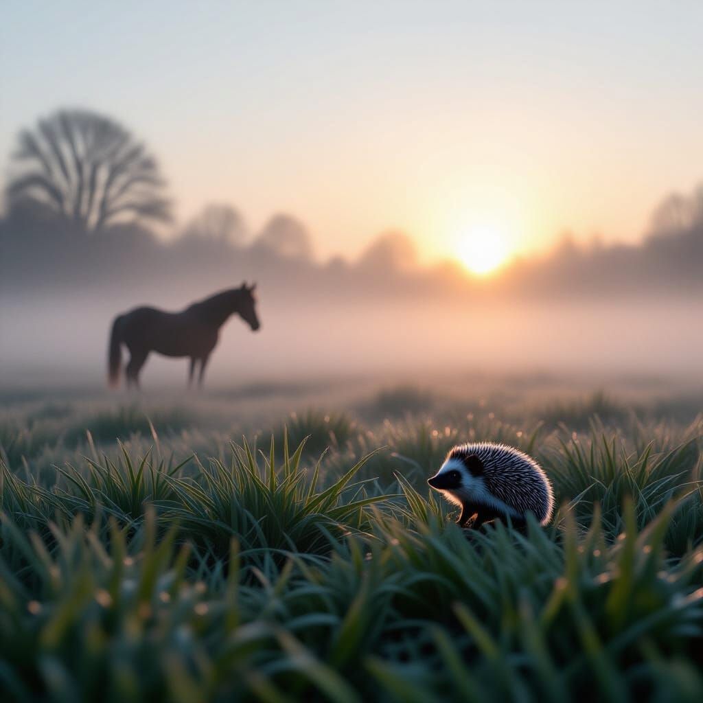Hyperrealistic, ultra-detailed 8K illustration. A thick, mysterious fog covers an open field in the very early morning. Through the dense mi...