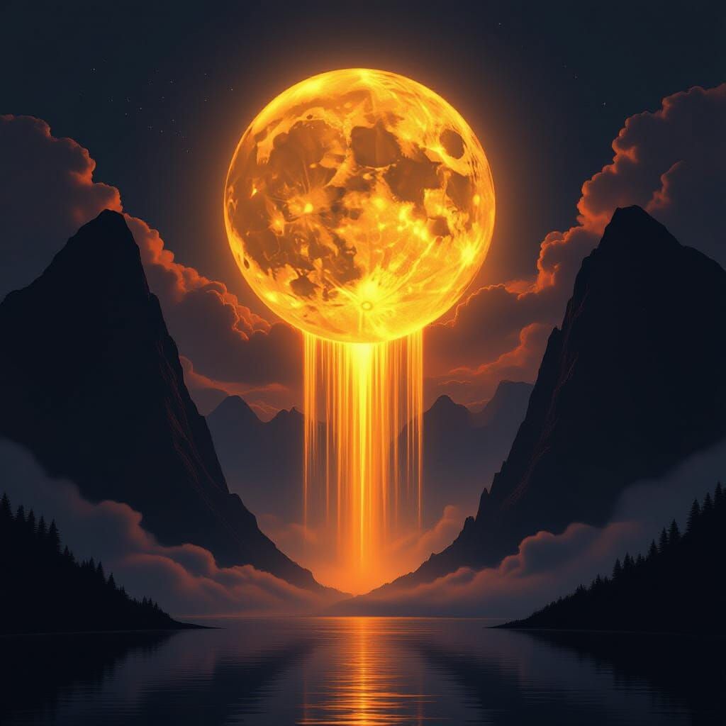 A surreal landscape depicts a large, luminous, full moon, positioned centrally in the upper part of the frame, dominating the sky. The moon ...