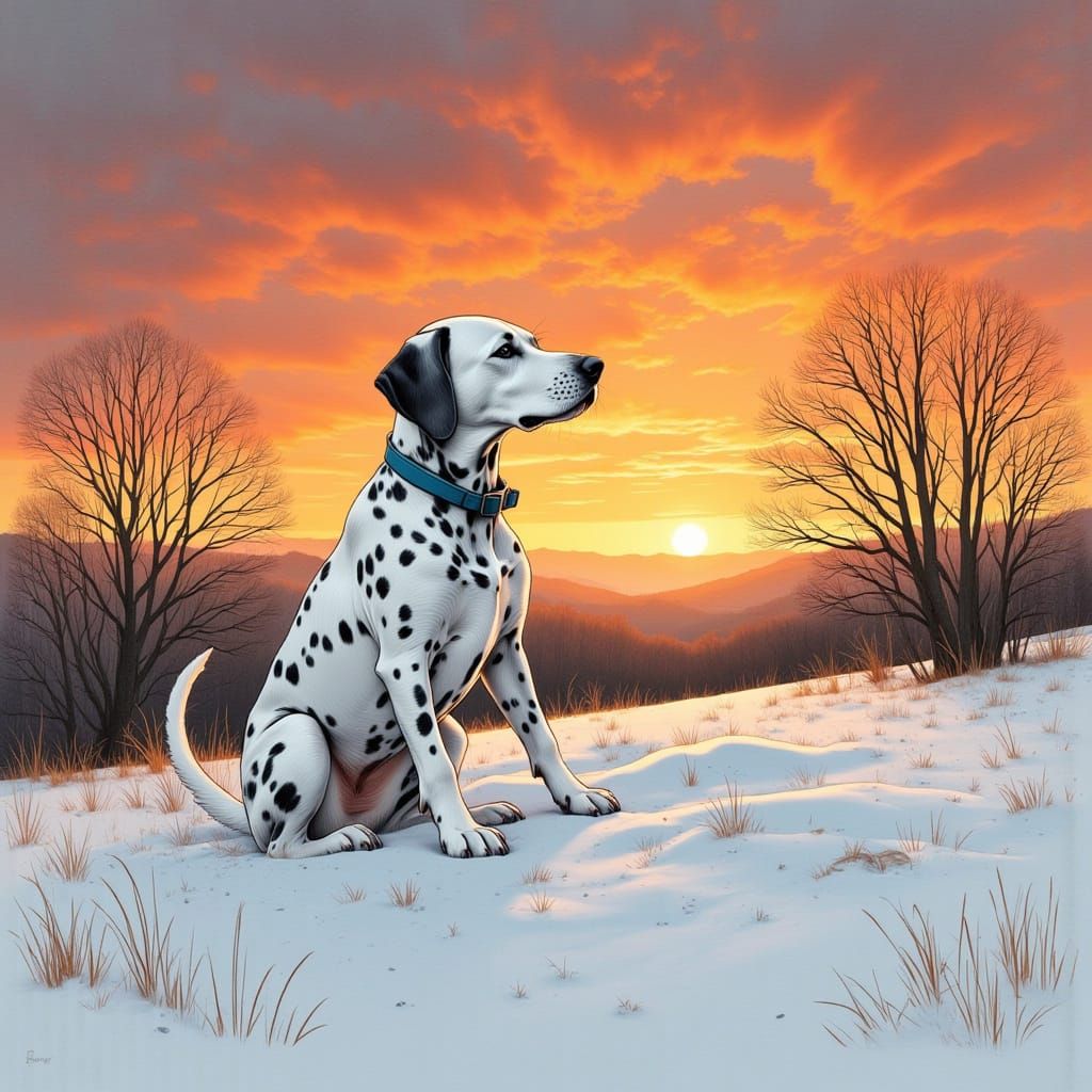 <lora:Savant Sketched:1.0> a Savant Sketched view of a dalmatian playing in a mound of snowfall during a beautiful sunset.
