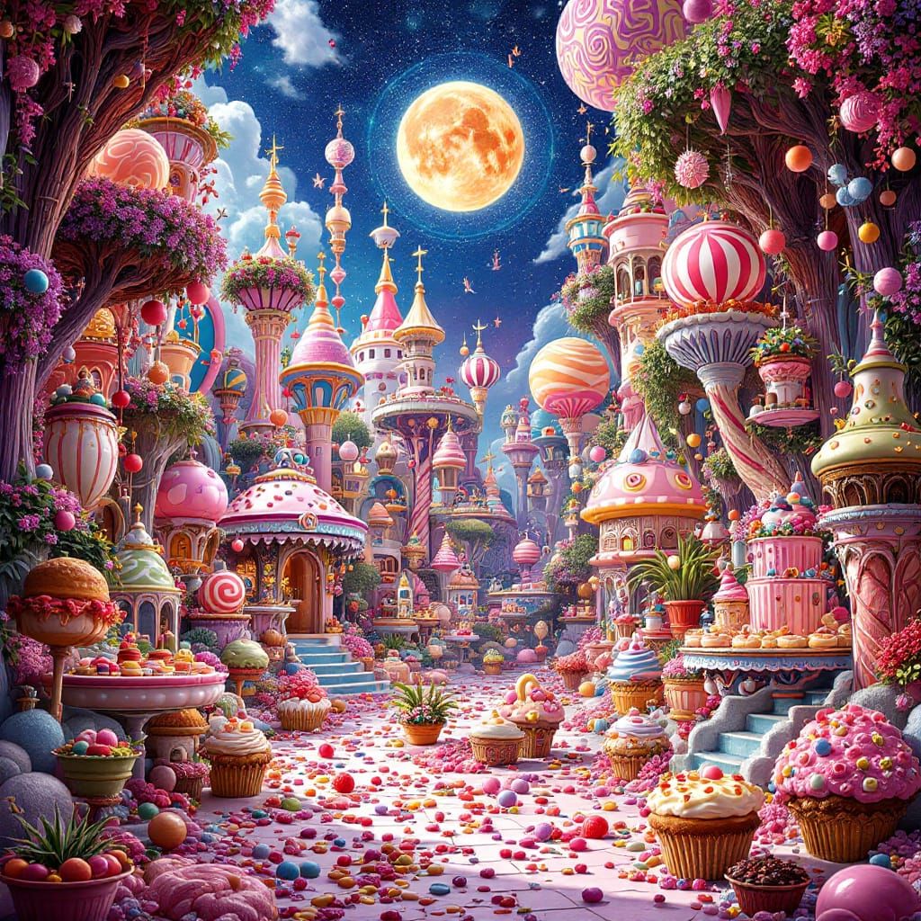 A futuristic candy world, detailed, vibrant, delicious, whimsical, lavish  by @artsyincali