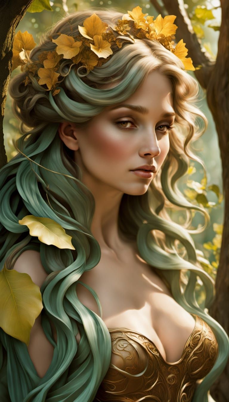 A plus-size dryad with long flowing green hair, adorned with flowers and vines, emerges from an ancient oak tree in a mystical forest. Sunli...