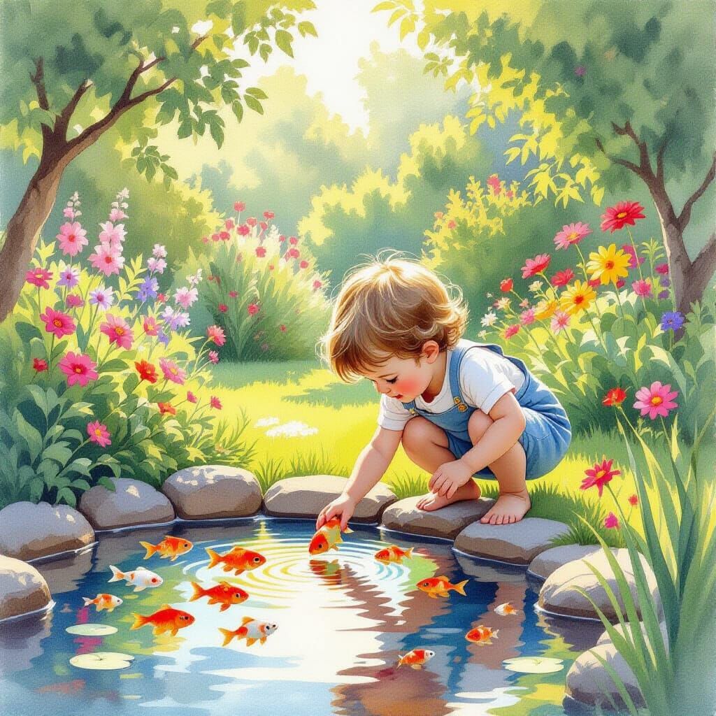 Child Feeds Fish in Lush Garden