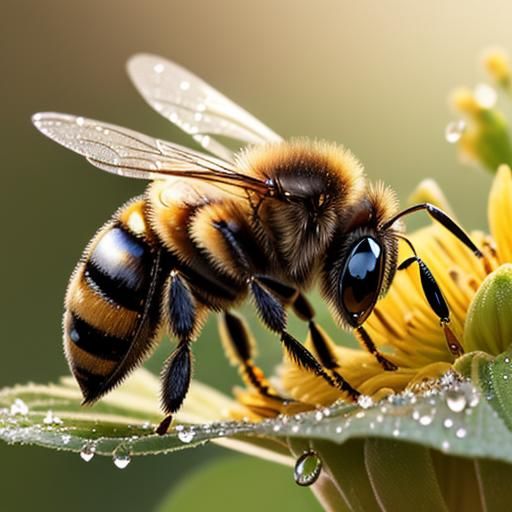 Close-up macro photography of a bee drinking honey. Dew drops reflect ...