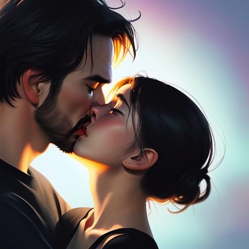 (Close-up illustration with man and woman in love with great...