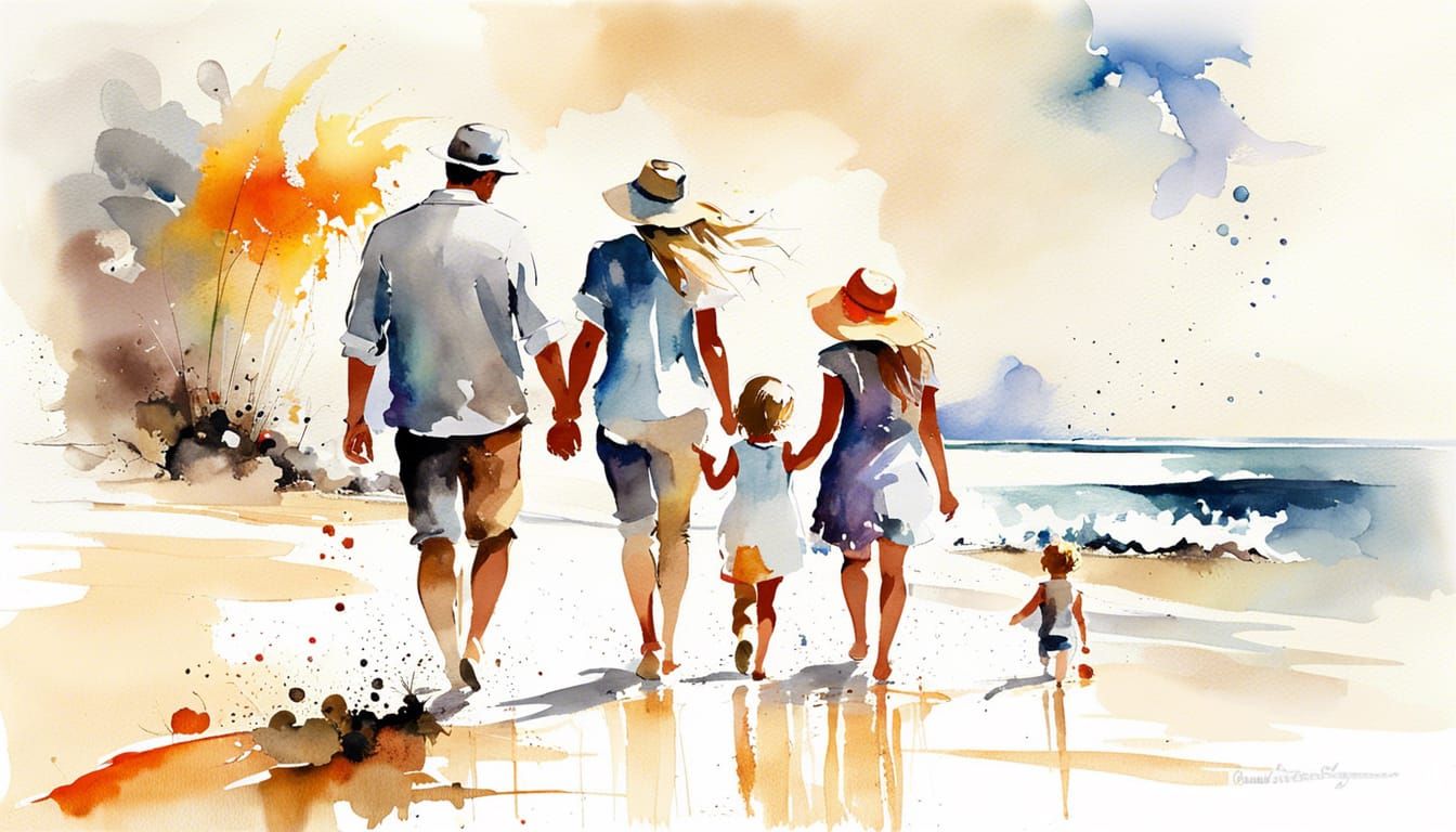 Happy young beautiful family at the beach, walking along the...