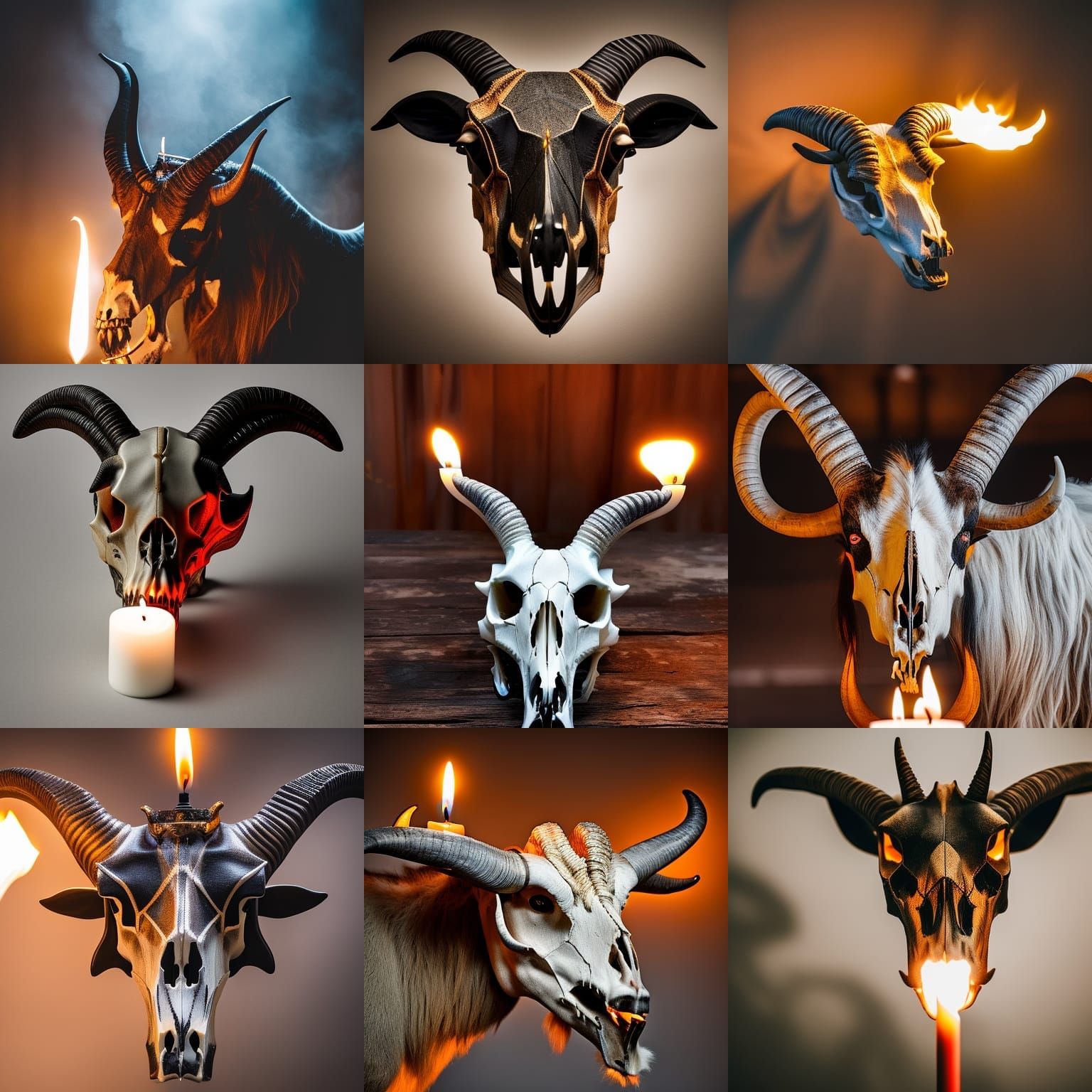 Satanic mascot Goat skull in ritualistic shrine display
