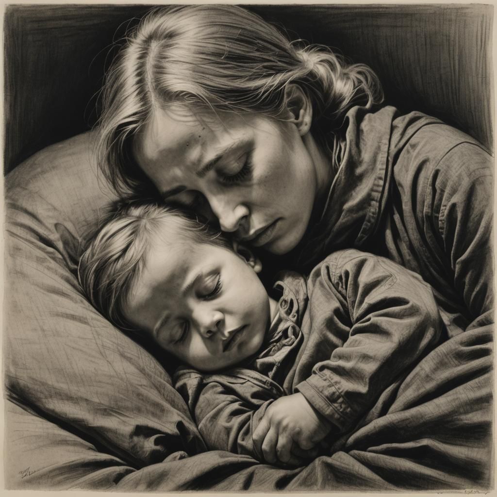 the small child sleeps in the security of his loving mother, by Käthe Kollwitz and Lisi Martin hyperdetailed ...  by @Tina auf der Blumenwiese