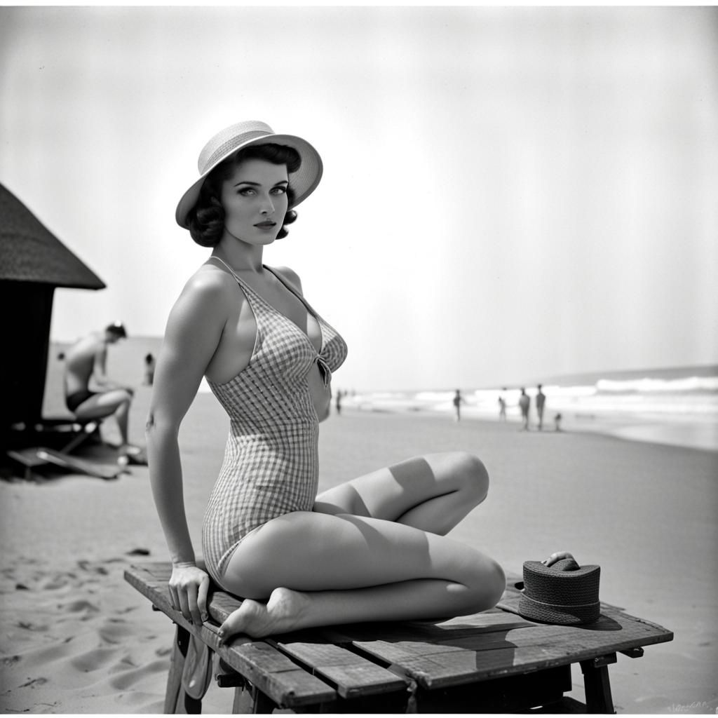 Vintage beauty at the beach in a bathing suit