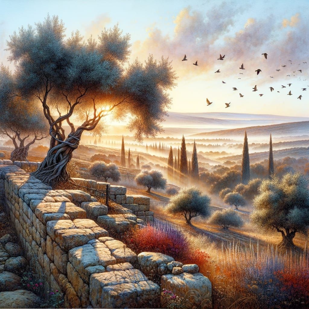 Panoramic Landscape with Olive Trees at Sunrise
