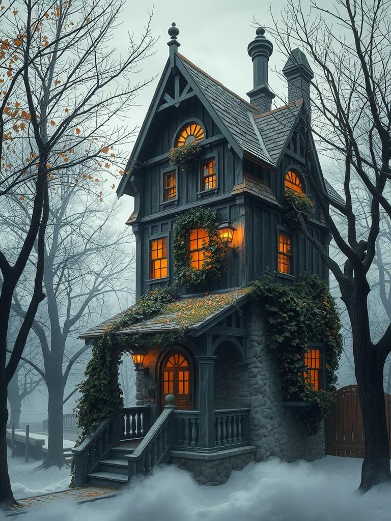 A Haunted House, naïve art, kintsugi, liminal, by Tim Burton