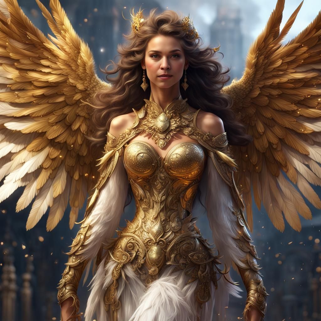 A beautiful brid with golden wings. A beautiful smile, golden fluffy ...