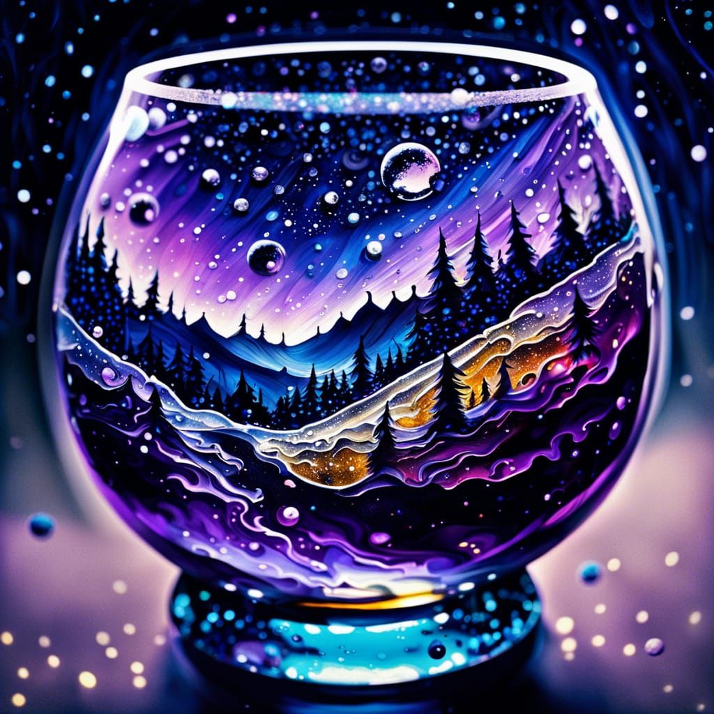 Glass whiskey glass cosmos galaxy universe novachaotic winter landscape Soft watercolors tim Burton High gothic beautful twinkling stars gli...