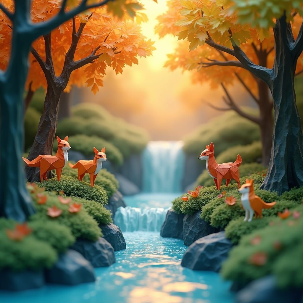 Magical Origami Forest at Sunrise: Hyperrealistic Paper Art