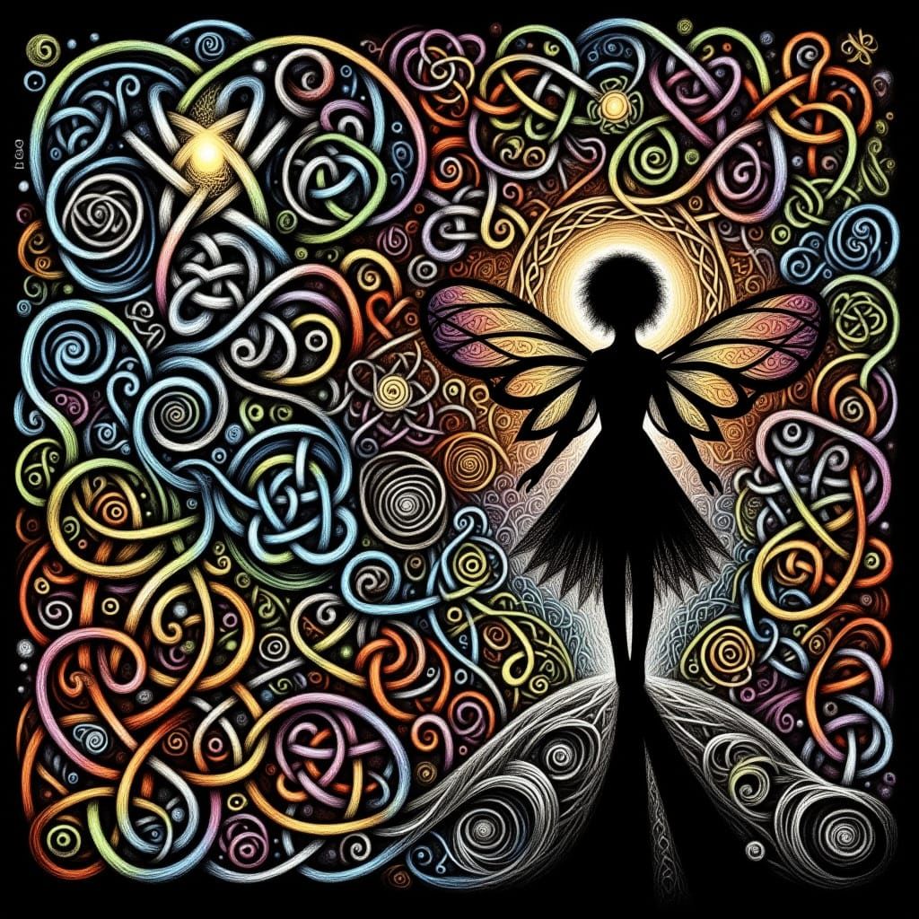 <lora:Knot Work Sketches:1.0>  Fairy in a Knotwork cosmos