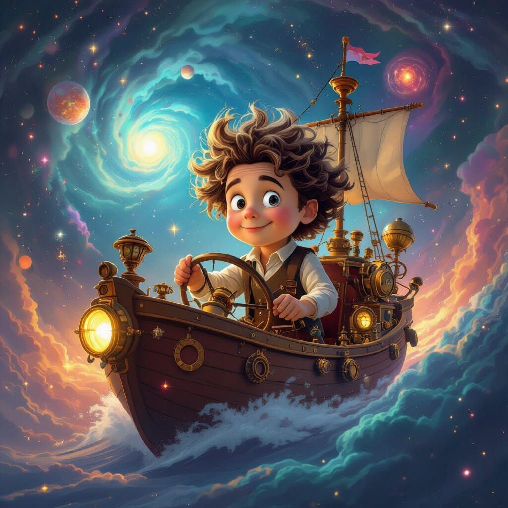 Einstein with a kid face showing science adventure