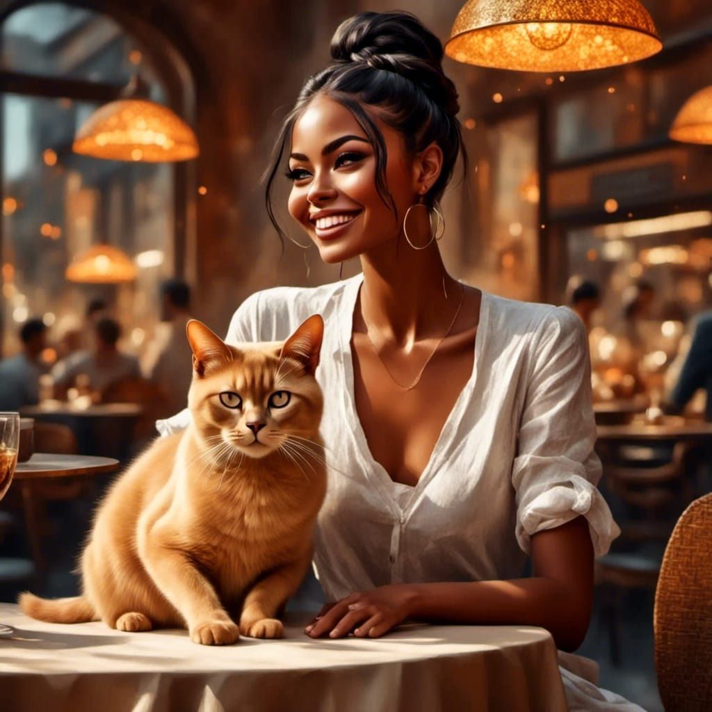 Futuristic Woman with Burmese Cats in Cafe