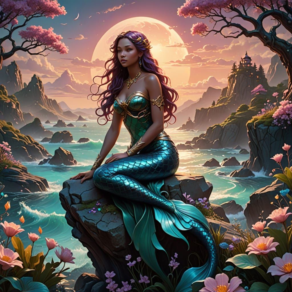 Whimsical Mermaid Fantasy Scene in Dreamy Art Nouveau Style