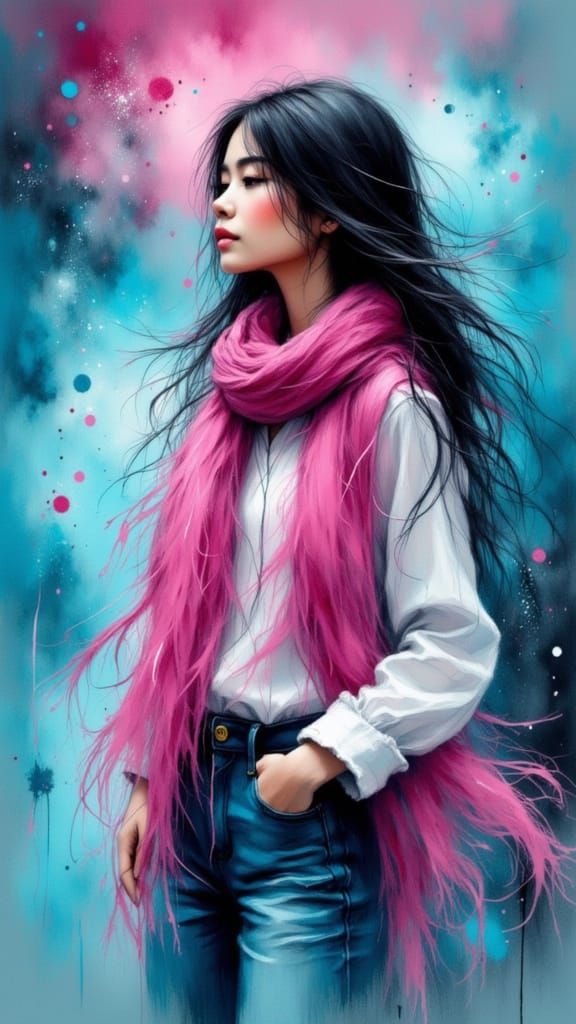 Ethereal Woman in Cosmic Nebula, Neon Accents