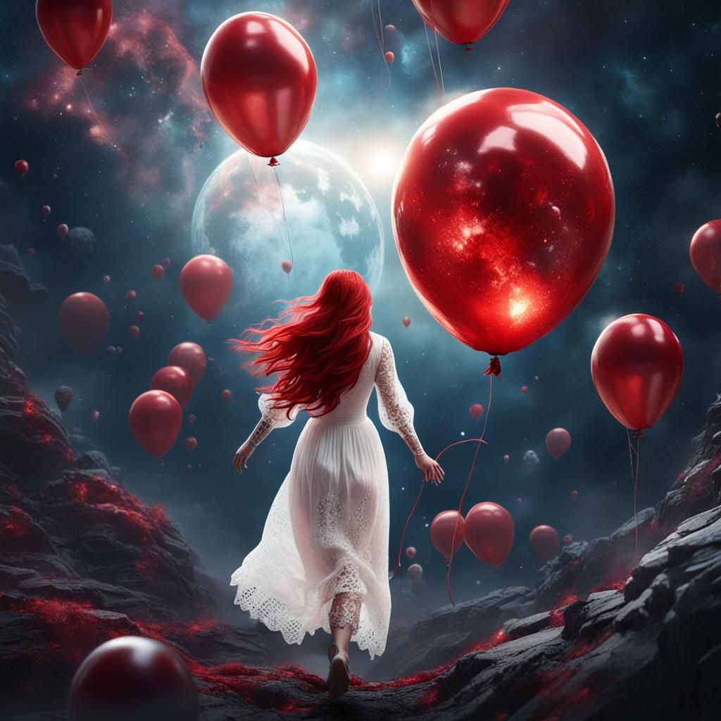 a woman in a white lace dress and red long hair is flying in...