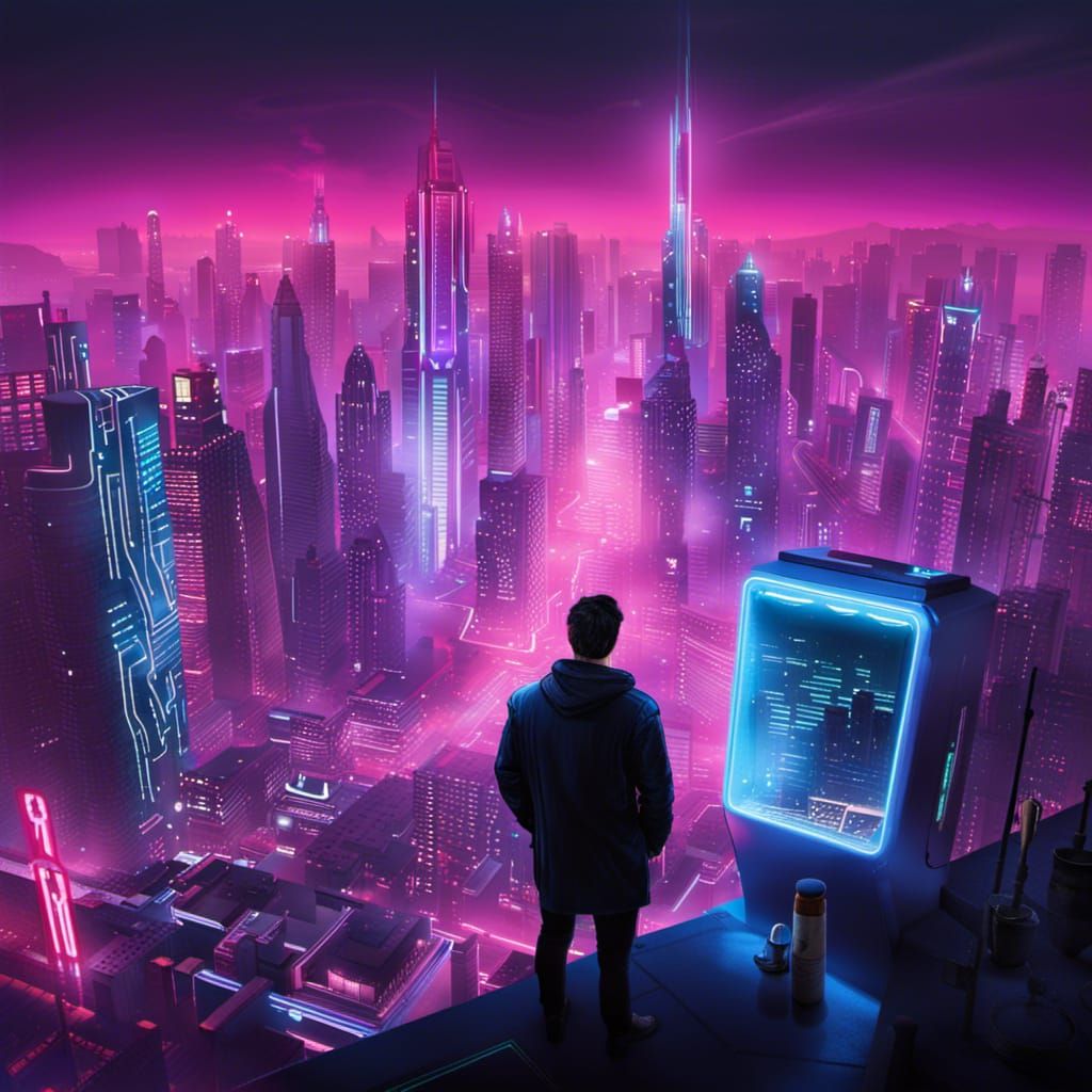 cybercity in its prime with neon light everywhere and a man staring ...