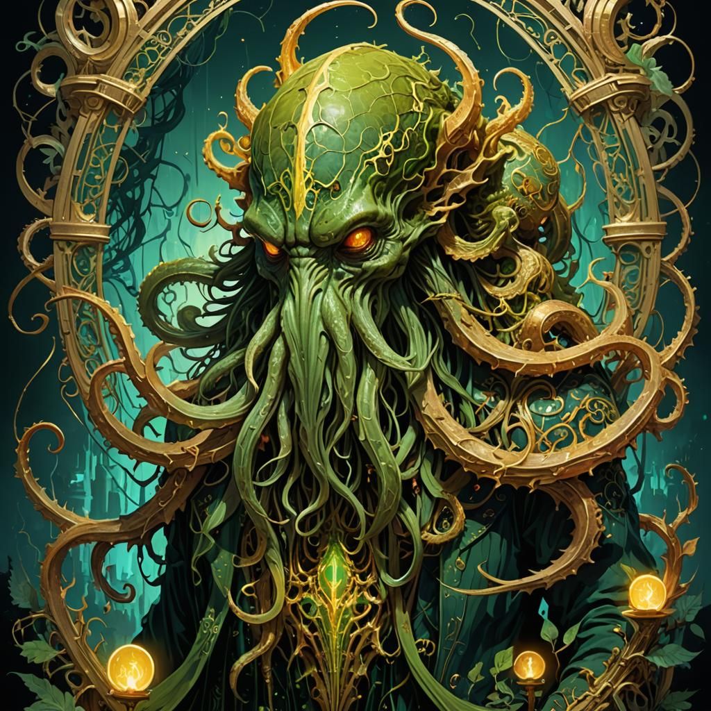 Luminous Cthulhu with Golden Outlines: Digital Art