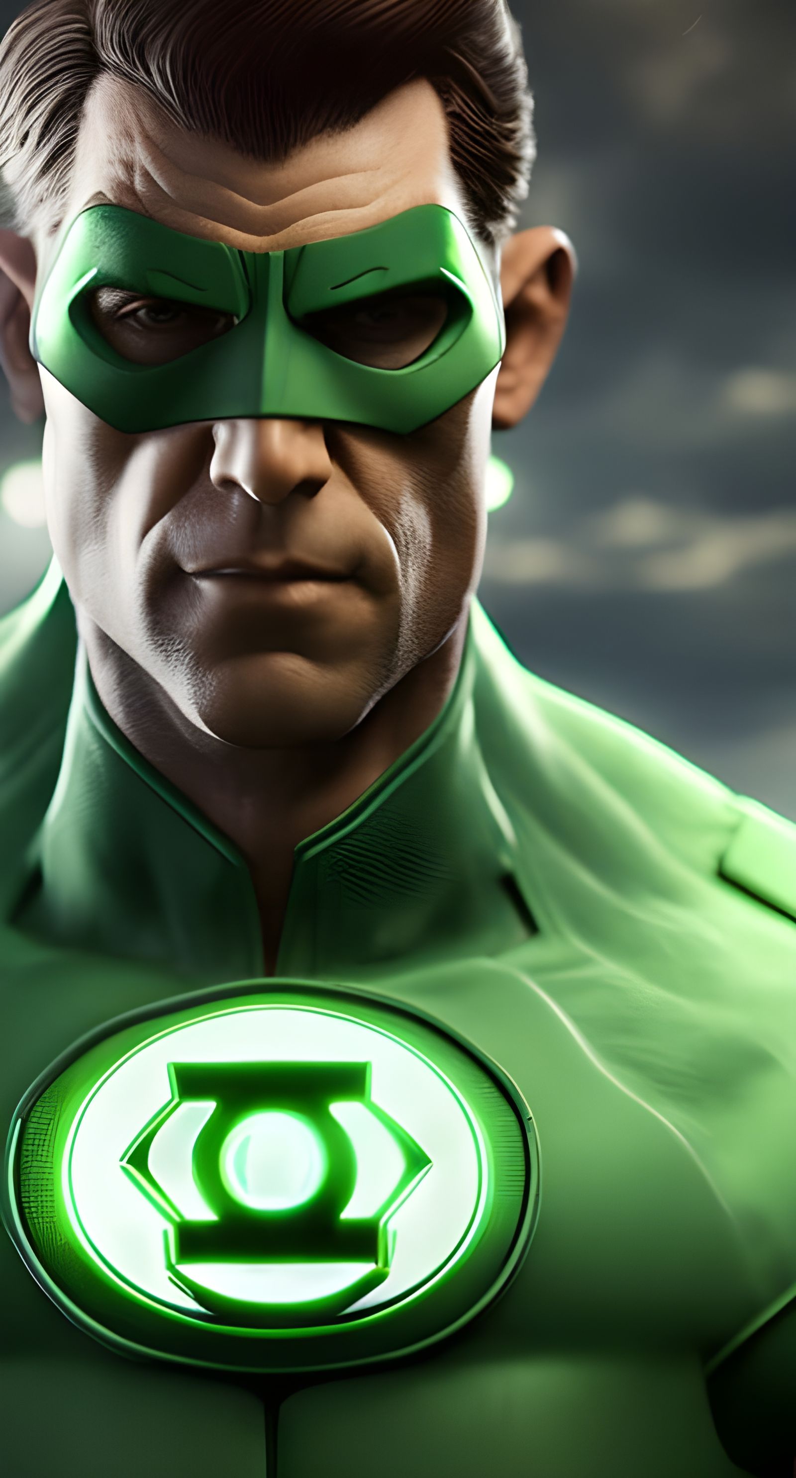 Close up of Green Lantern,dieselpunk,standing outside , hand...