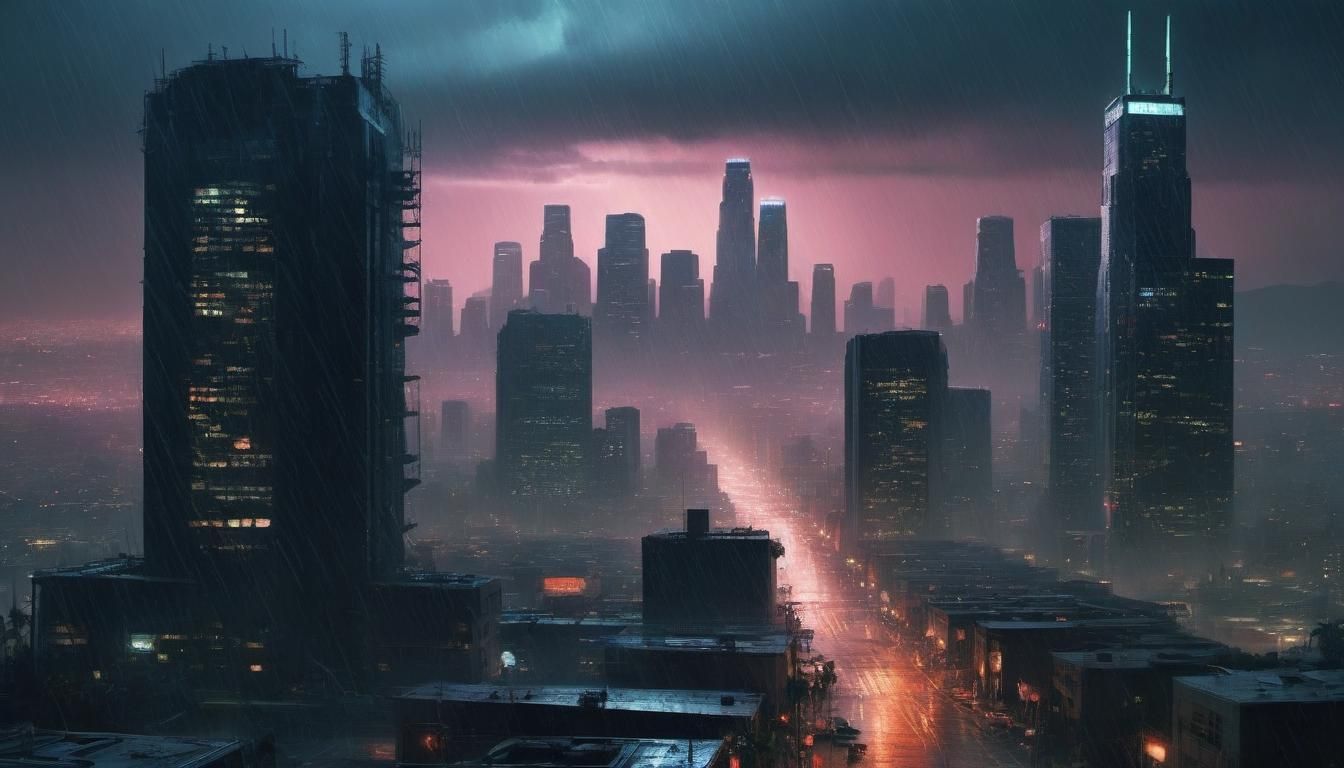 future dystopian Los Angeles cityscape at night while it's raining. Post-apocalyptic futurism hyper realistic styled lik...