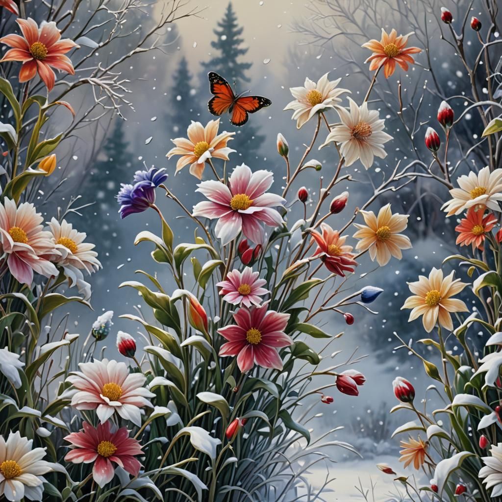 Colorful flowers covered by snow   by @Isabella Alexander