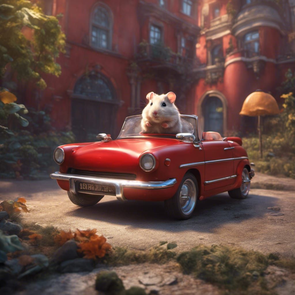 hamster driving a red convertible car