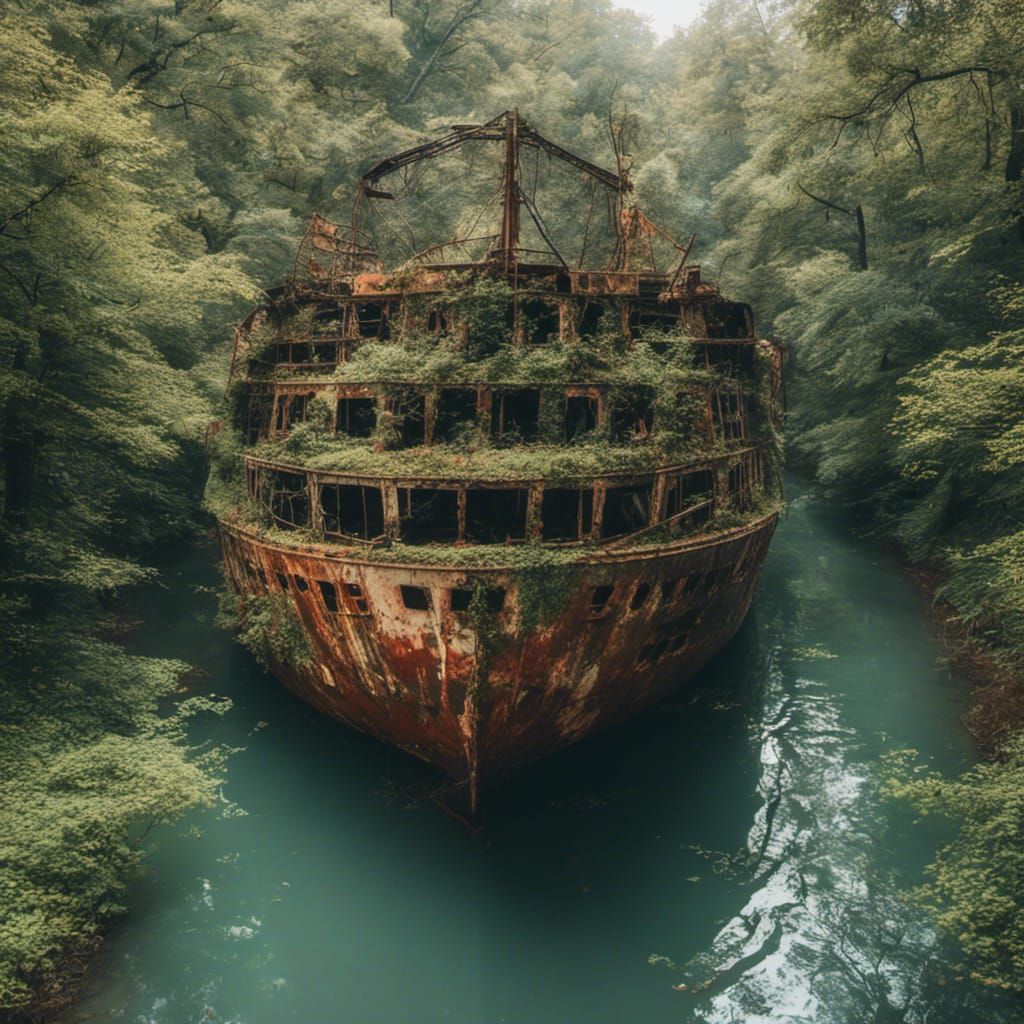  <lora:MJ6 Decay:1.0> derelict ship , realistic photography by Elsa Bleda