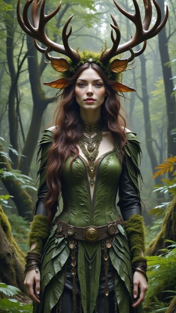 <lora:Wild Thing Flux:1.0>  in the woods, Antlered ornately embellished feral woods-witch ready for a ritual celebration, layered mossy orn...