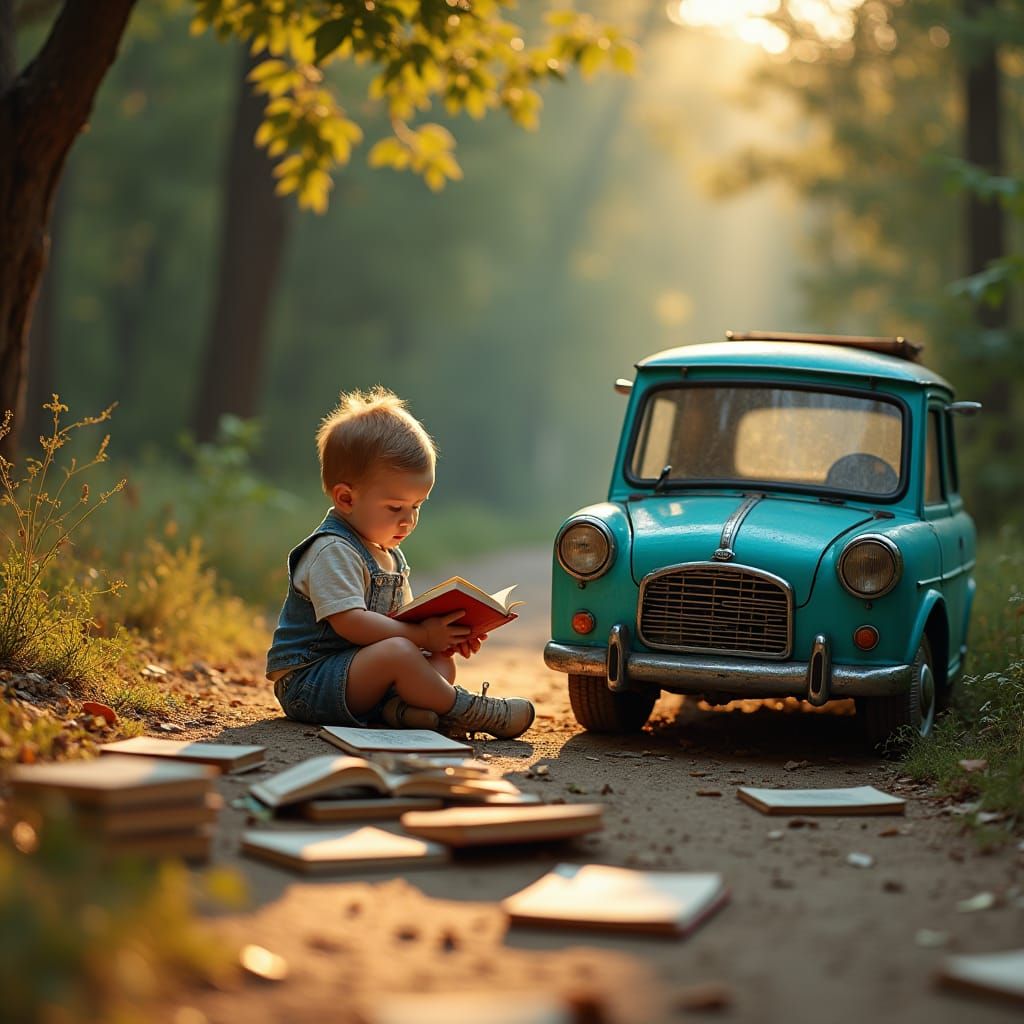 Boy Reading by Turquoise Car: Dreamlike Conceptual Art