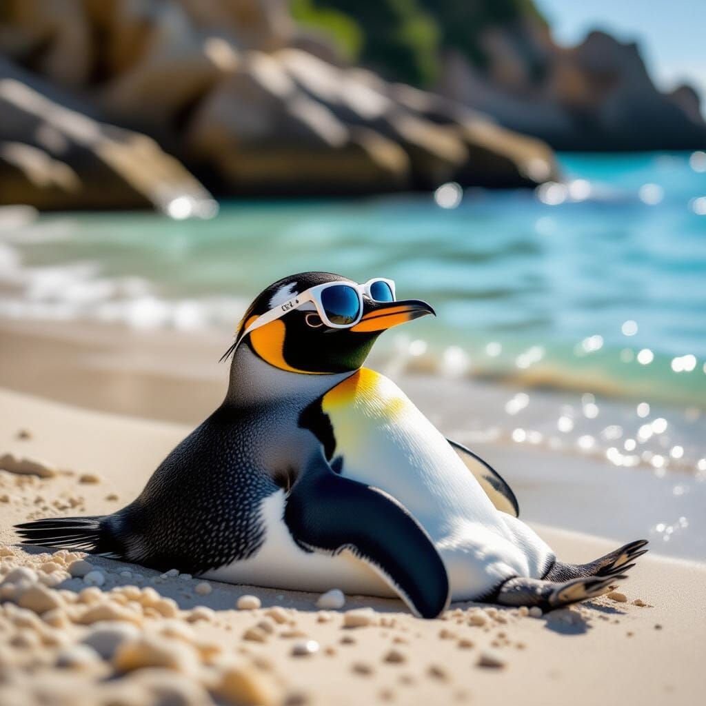 Penguin Sunbathing on Beach with Sunglasses