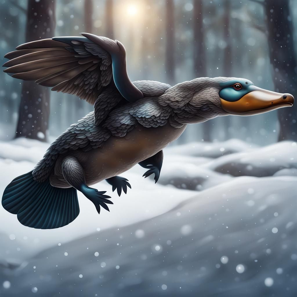 platypus with feeders and wings flying over snowy forest dar...