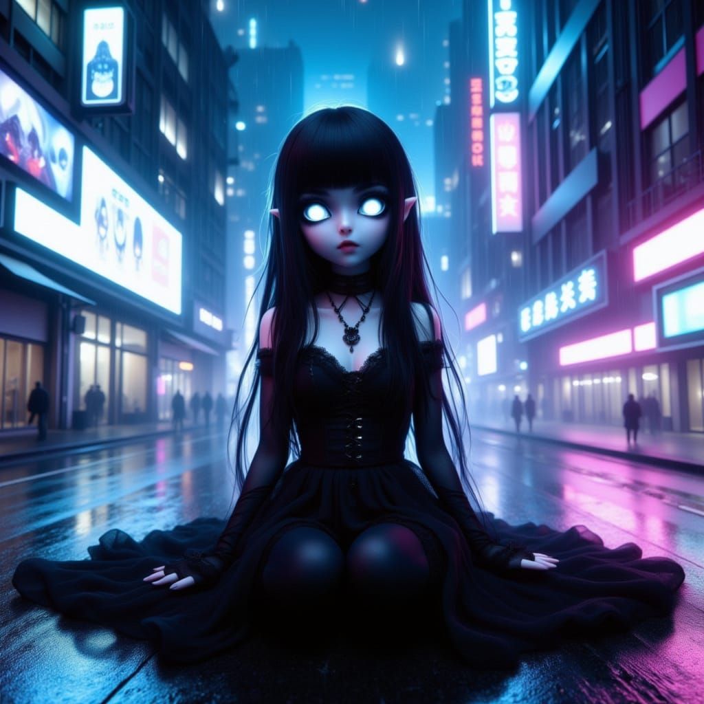 An ethereal ghostly gothic girl with large white glowing eyes and black hair is wearing a black dress and is sat on the pavement of a futuri...