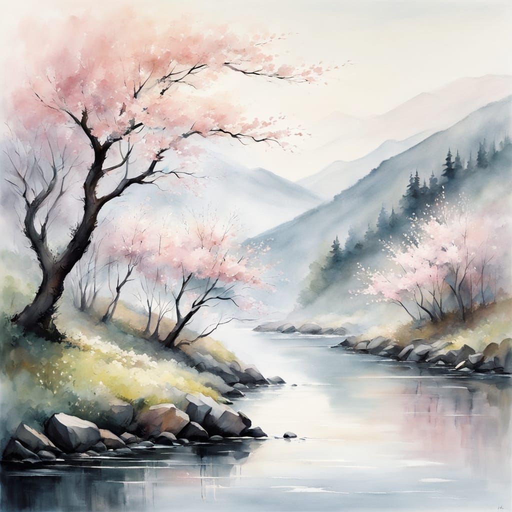 Ethereal Watercolor Cherry Blossoms by Serene River