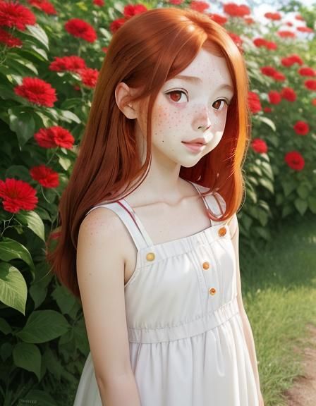Auburn Haired Girl Picking Flowers, Anime Style