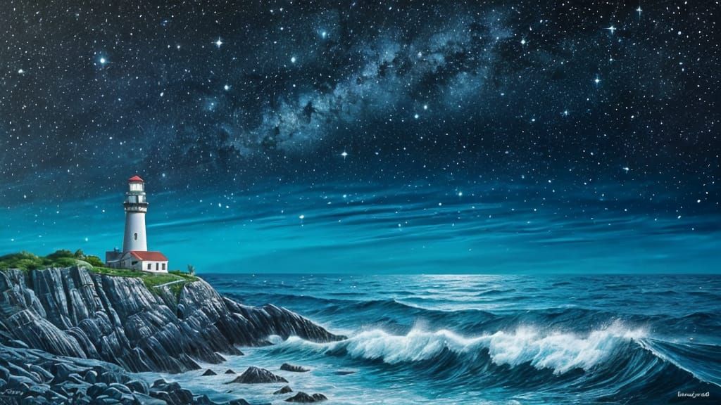 Dramatic Seascape Painting with Starlit Sky