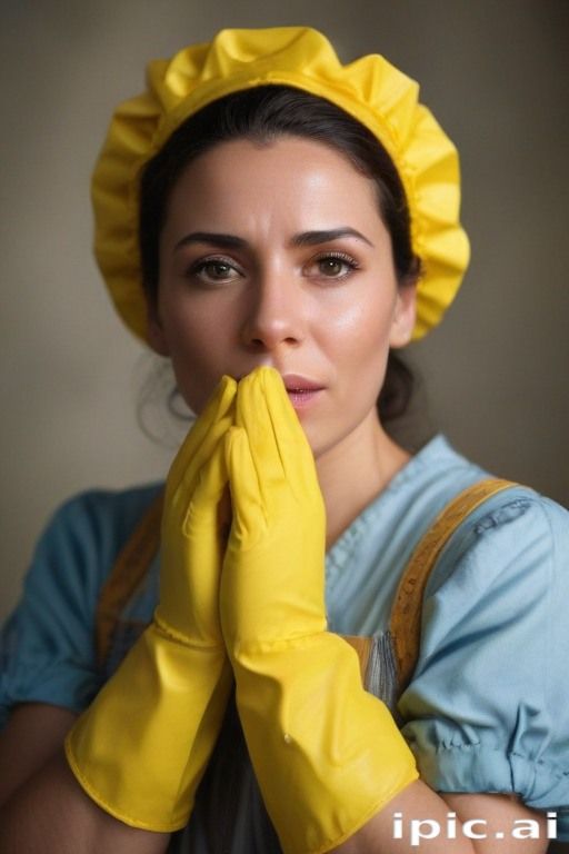 Brazilian charwoman aged 40 wearing wornout clothes, heavy yellow household gloves and a rubber apron - 5