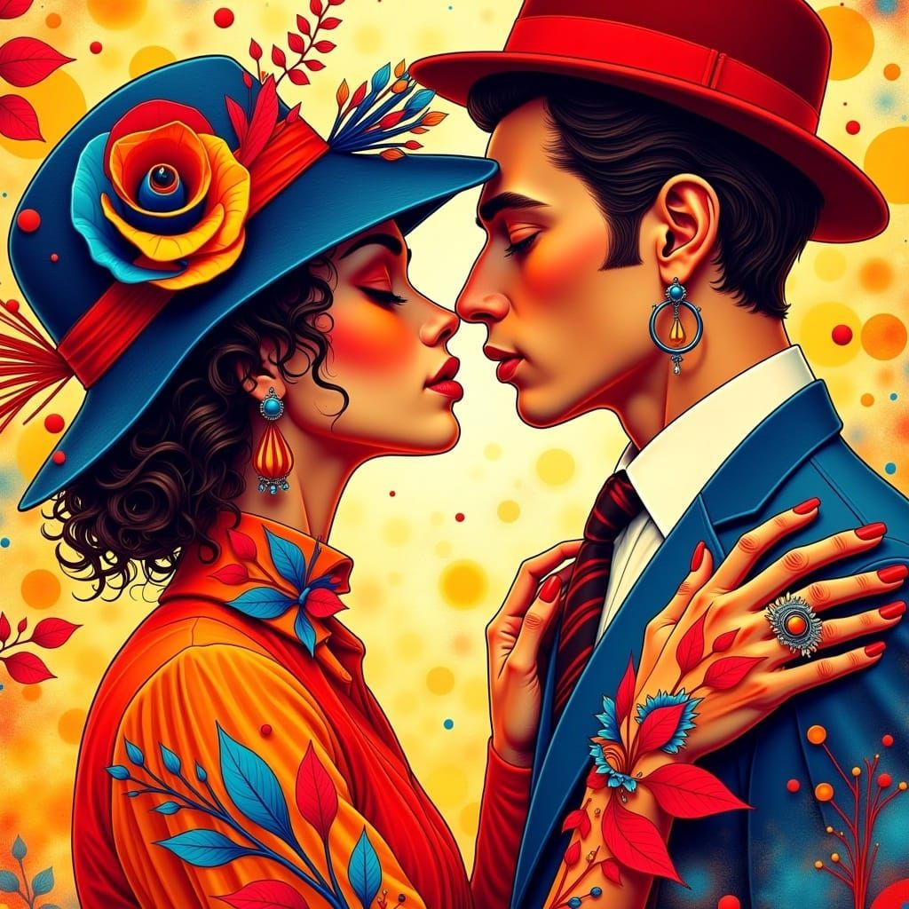 Abstract and colorful illustration of a couple about to kiss, with swirling motifs and geometric shapes. The woman has curly, frizzy hair an...