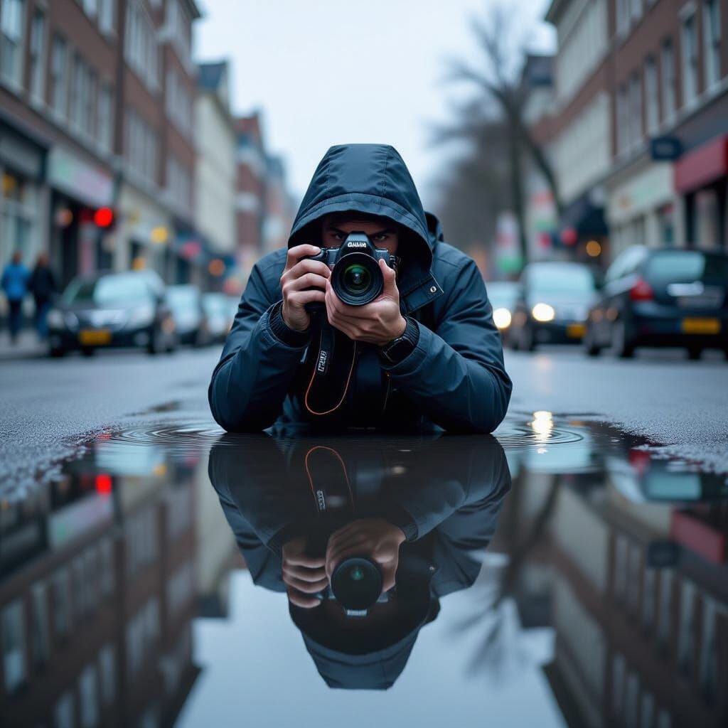A photographer is taking a self-portrait reflection in a large puddle on an asphalt street. The photographer ...  by @Simos Chiras