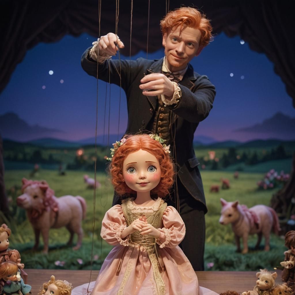 A captivating scene of a skilled tall male ginger puppeteer ...