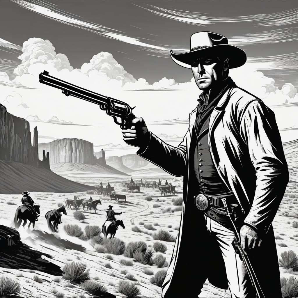 Burne Hogarth style, Wild West illustration, black and white...