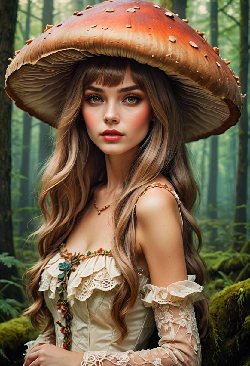 Beautiful woman with a very big mushroom hat ,enchanted fore...