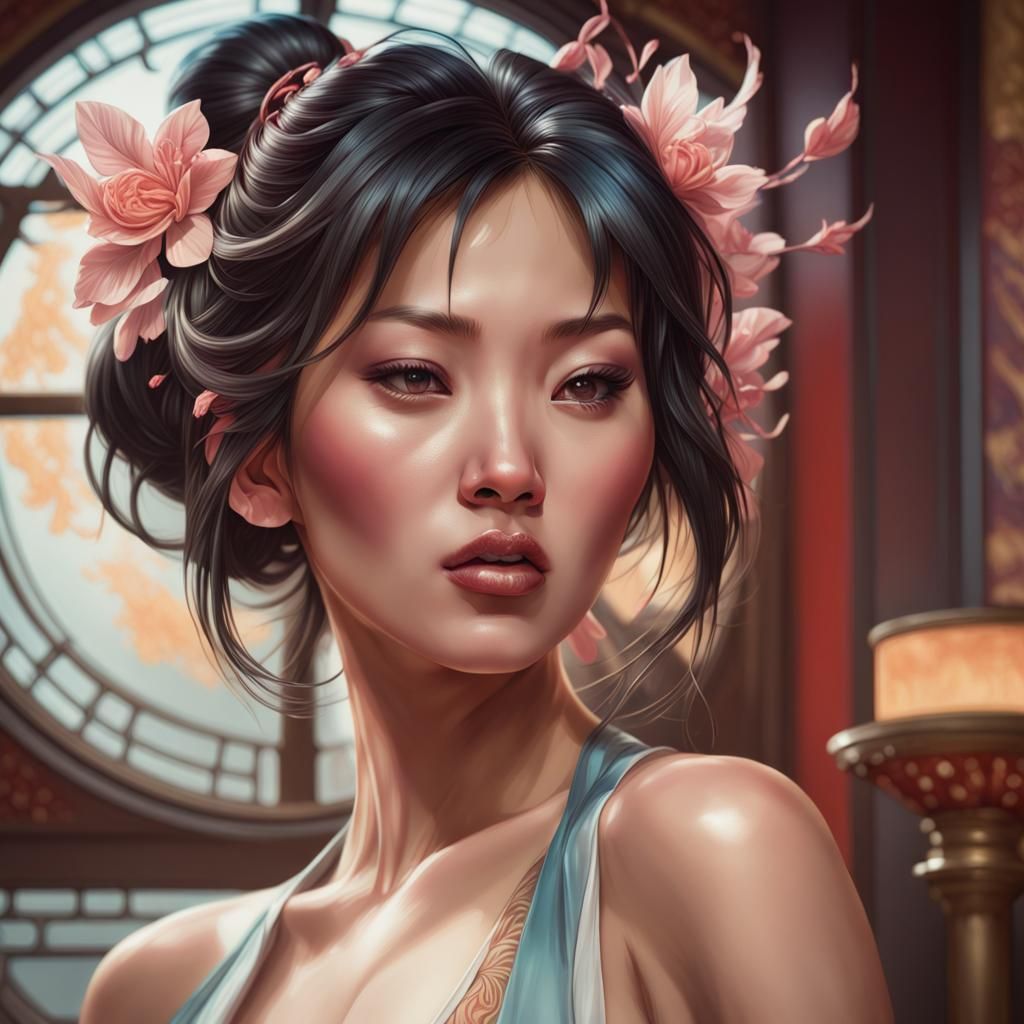 Hyper realistic painting of a Seducing Asian woman head and shoulders portrait, 8k resolution