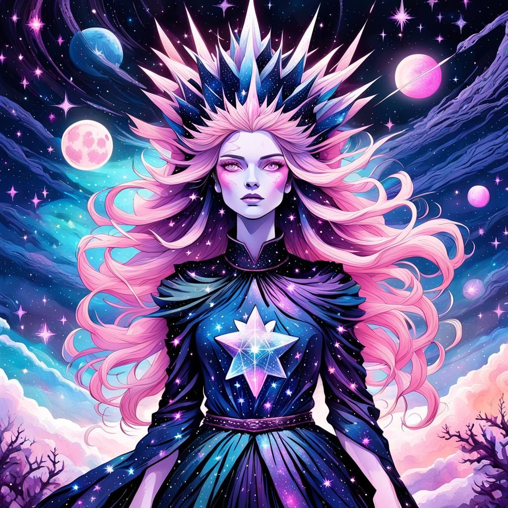 A woman made of stars with glowing pink eyes and hair made o...