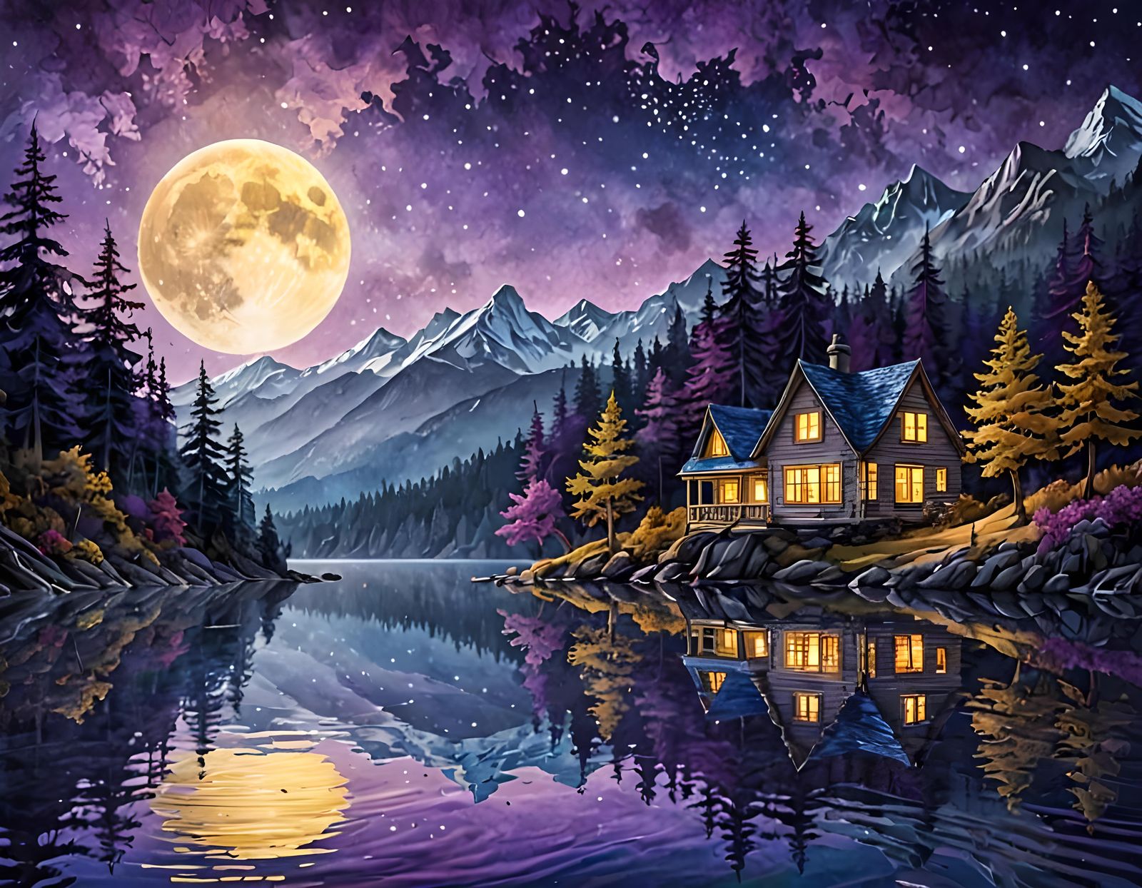 Cottage At A Lake During Full Moon.
