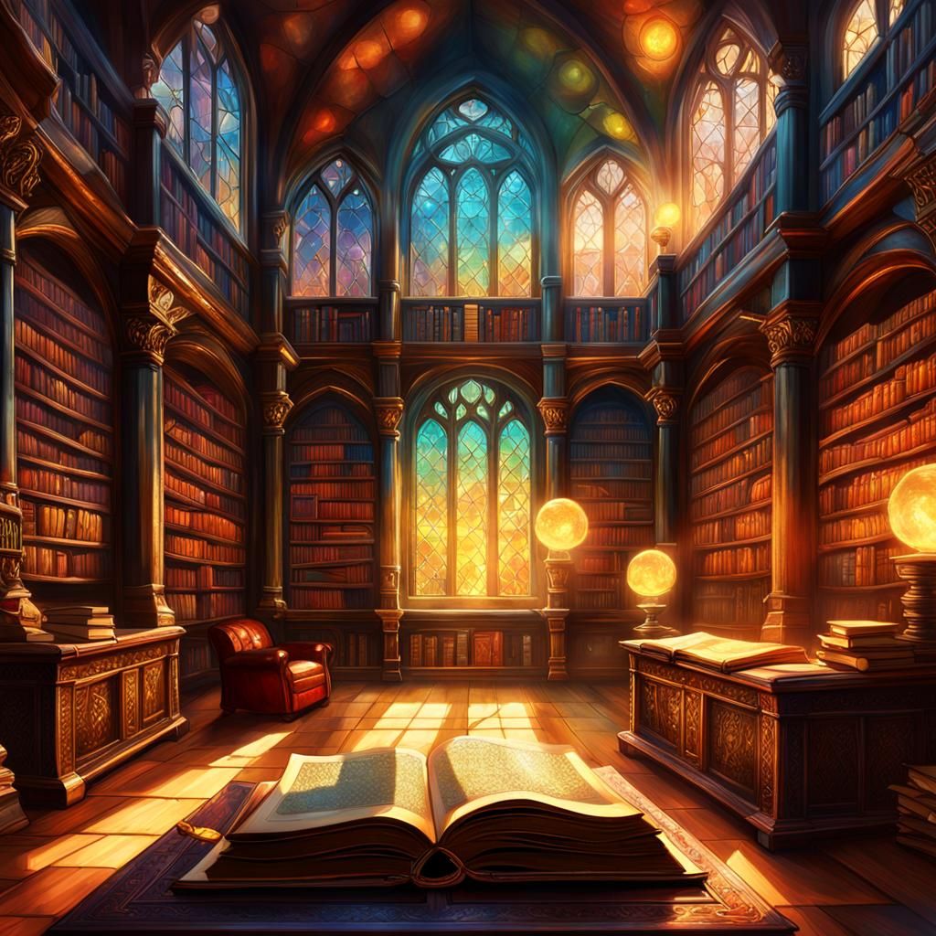 Mystical Library with Glowing Orbs in Fantasy Art